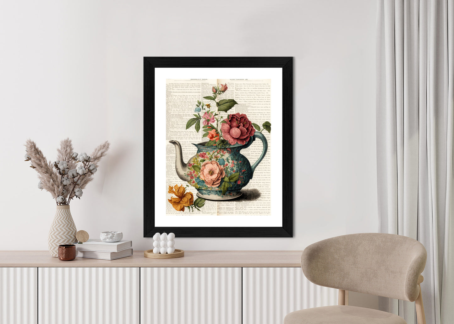 Poster Wasserkocher Mit Blumen Und Alter Zeitung Rahmen Holz Mit Passepartout Farbe Natürlich