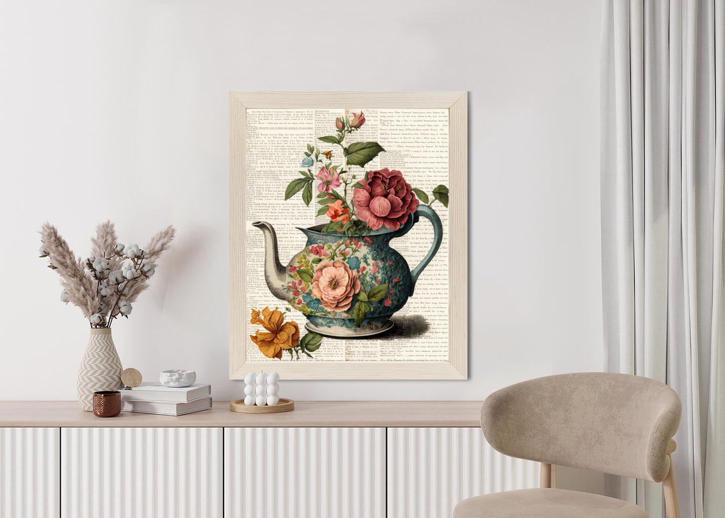 Poster Wasserkocher Mit Blumen Und Alter Zeitung Rahmen Holz Mit Passepartout Farbe Natürlich