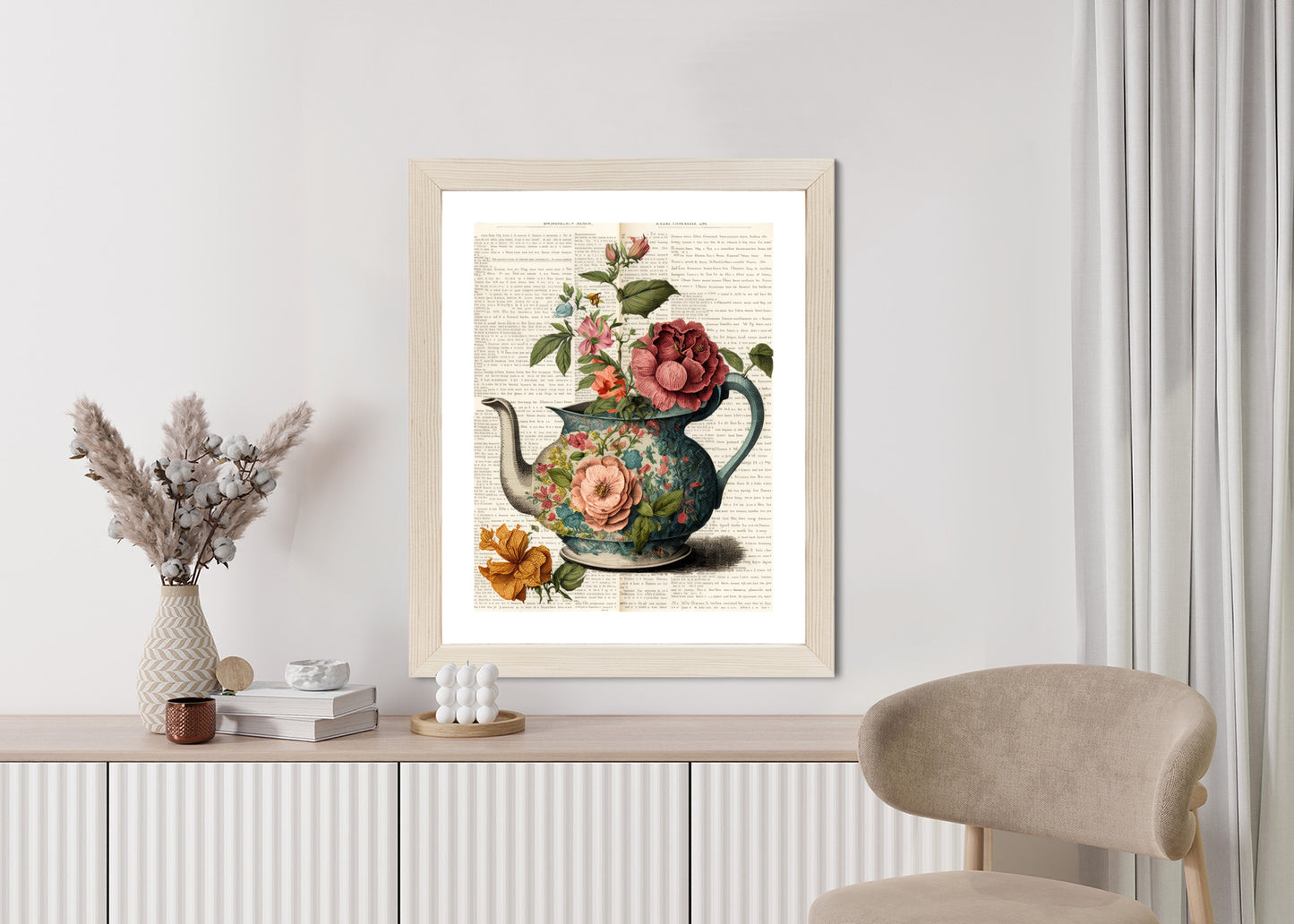 Poster Wasserkocher Mit Blumen Und Alter Zeitung Rahmen Holz Mit Passepartout Farbe Natürlich