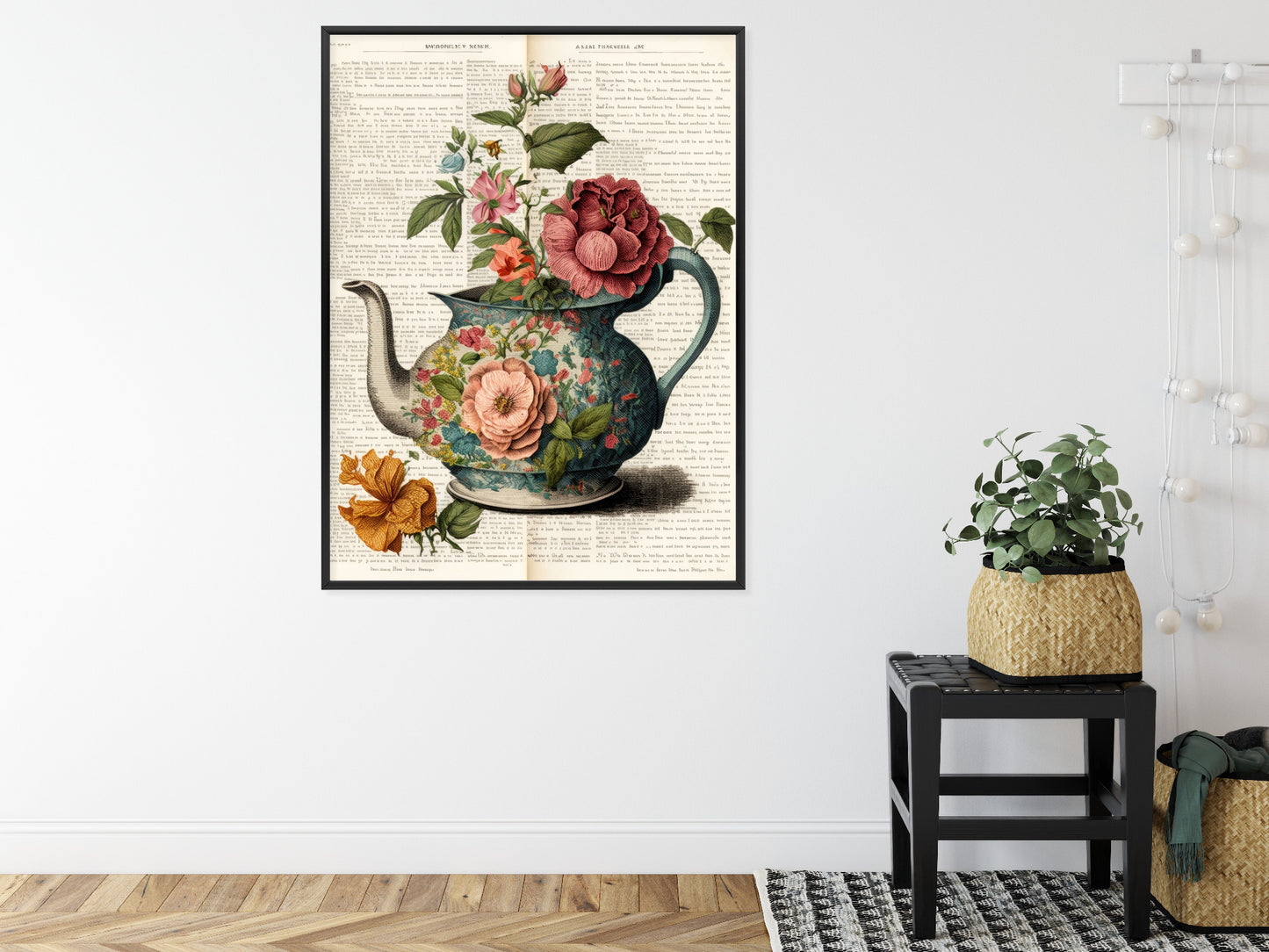Poster Wasserkocher Mit Blumen Und Alter Zeitung Rahmen Holz Mit Passepartout Farbe Natürlich
