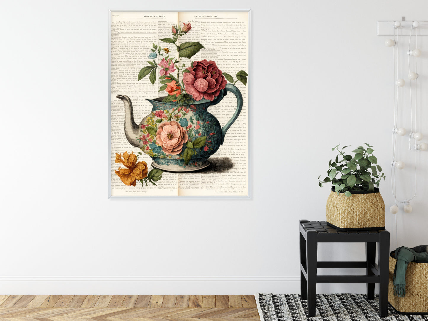 Poster Wasserkocher Mit Blumen Und Alter Zeitung Rahmen Holz Mit Passepartout Farbe Natürlich