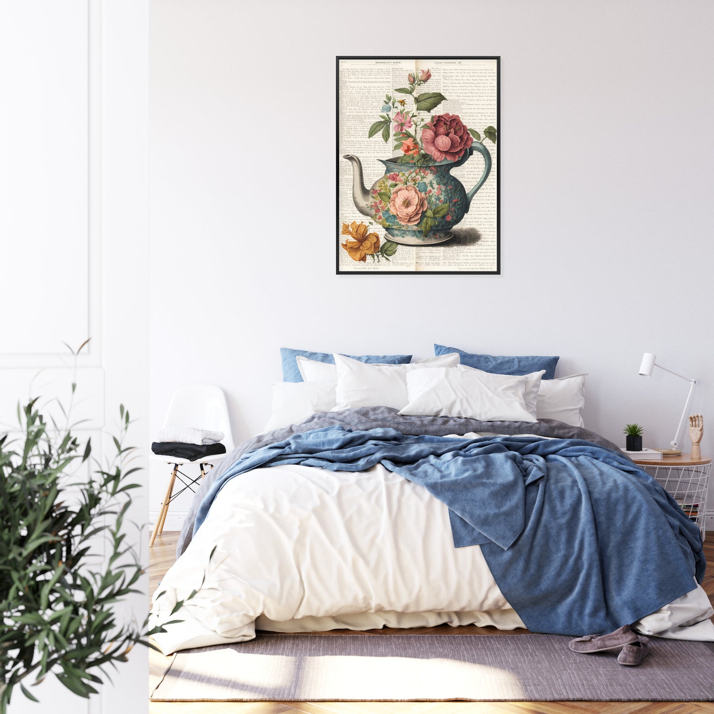 Poster Wasserkocher Mit Blumen Und Alter Zeitung Rahmen Holz Mit Passepartout Farbe Natürlich