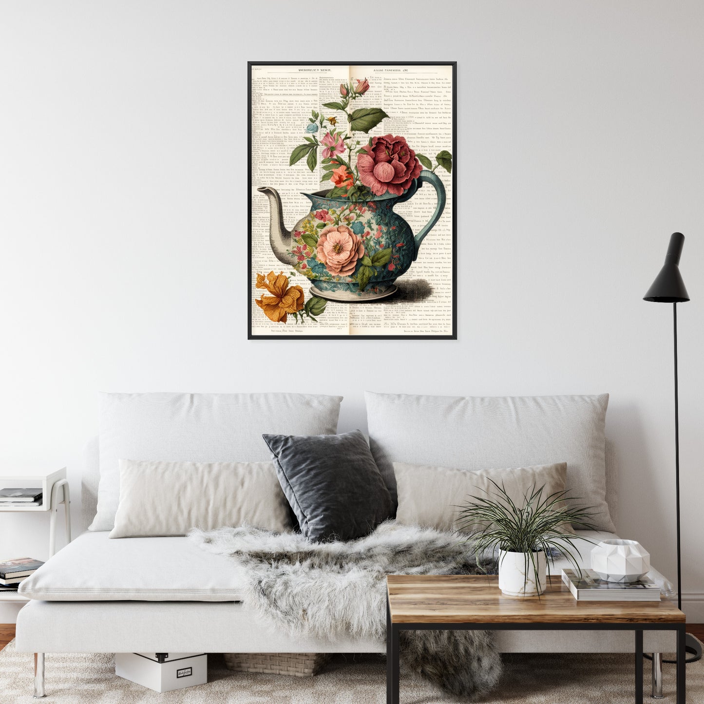 Poster Wasserkocher Mit Blumen Und Alter Zeitung Rahmen Holz Mit Passepartout Farbe Natürlich