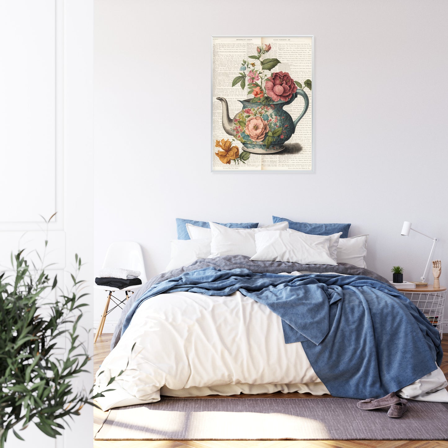 Poster Wasserkocher Mit Blumen Und Alter Zeitung Rahmen Holz Mit Passepartout Farbe Natürlich