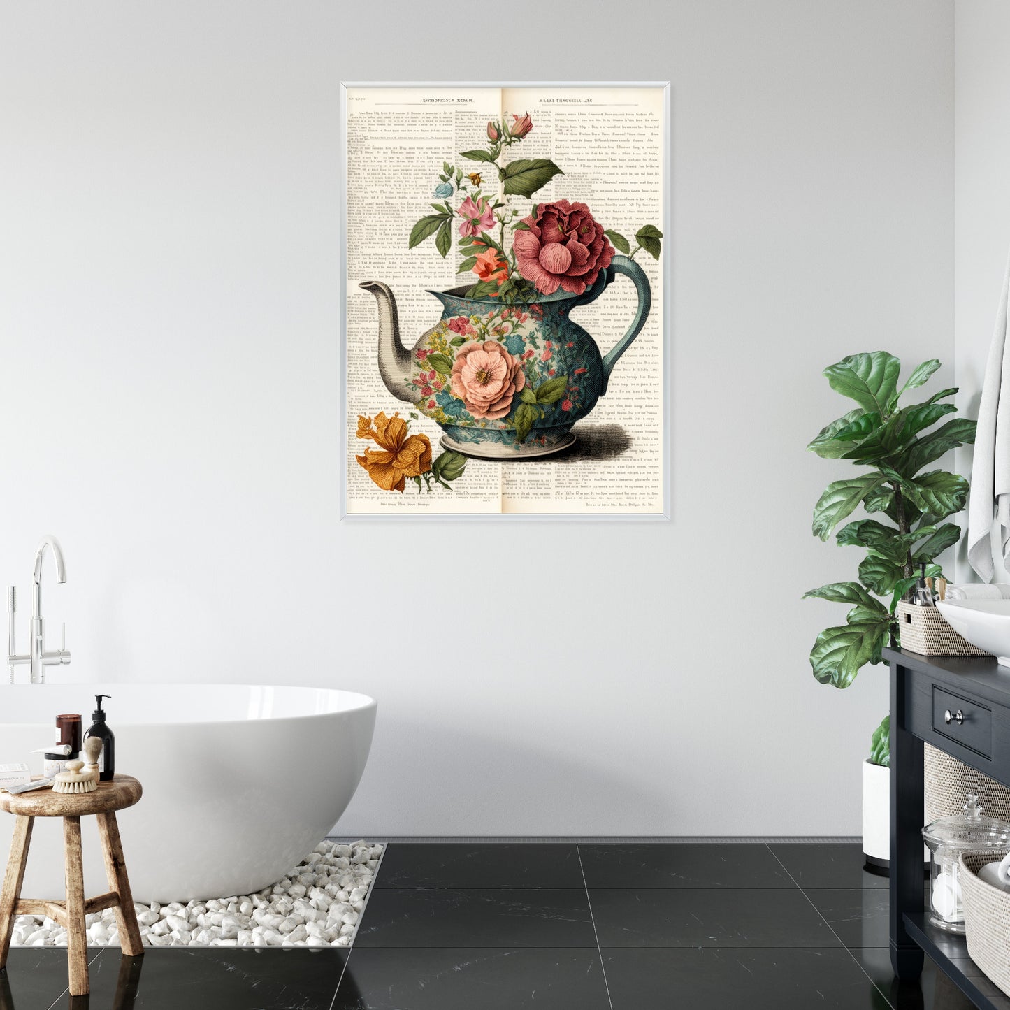 Poster Wasserkocher Mit Blumen Und Alter Zeitung Rahmen Holz Mit Passepartout Farbe Natürlich