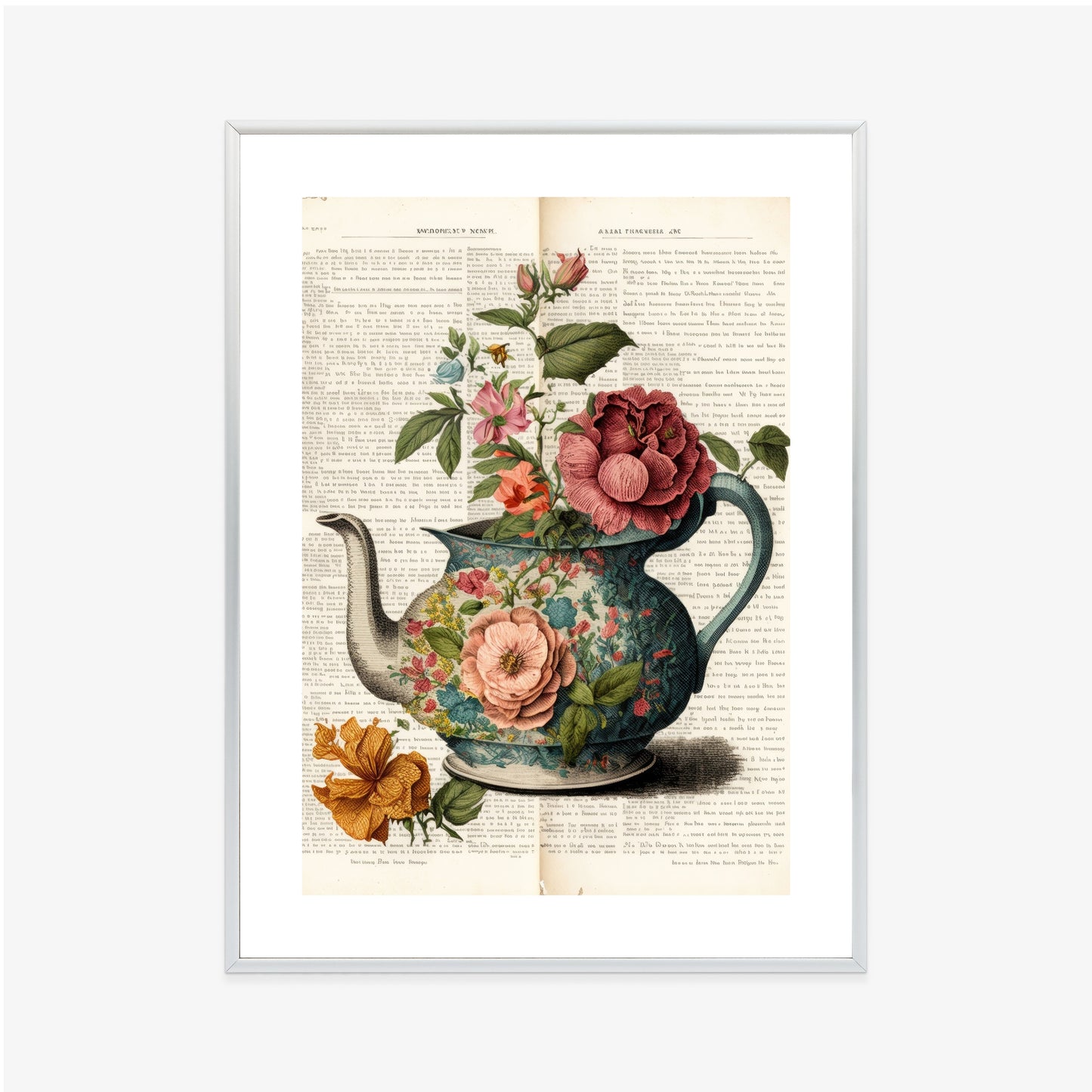 Poster Wasserkocher Mit Blumen Und Alter Zeitung Rahmen Holz Mit Passepartout Farbe Natürlich
