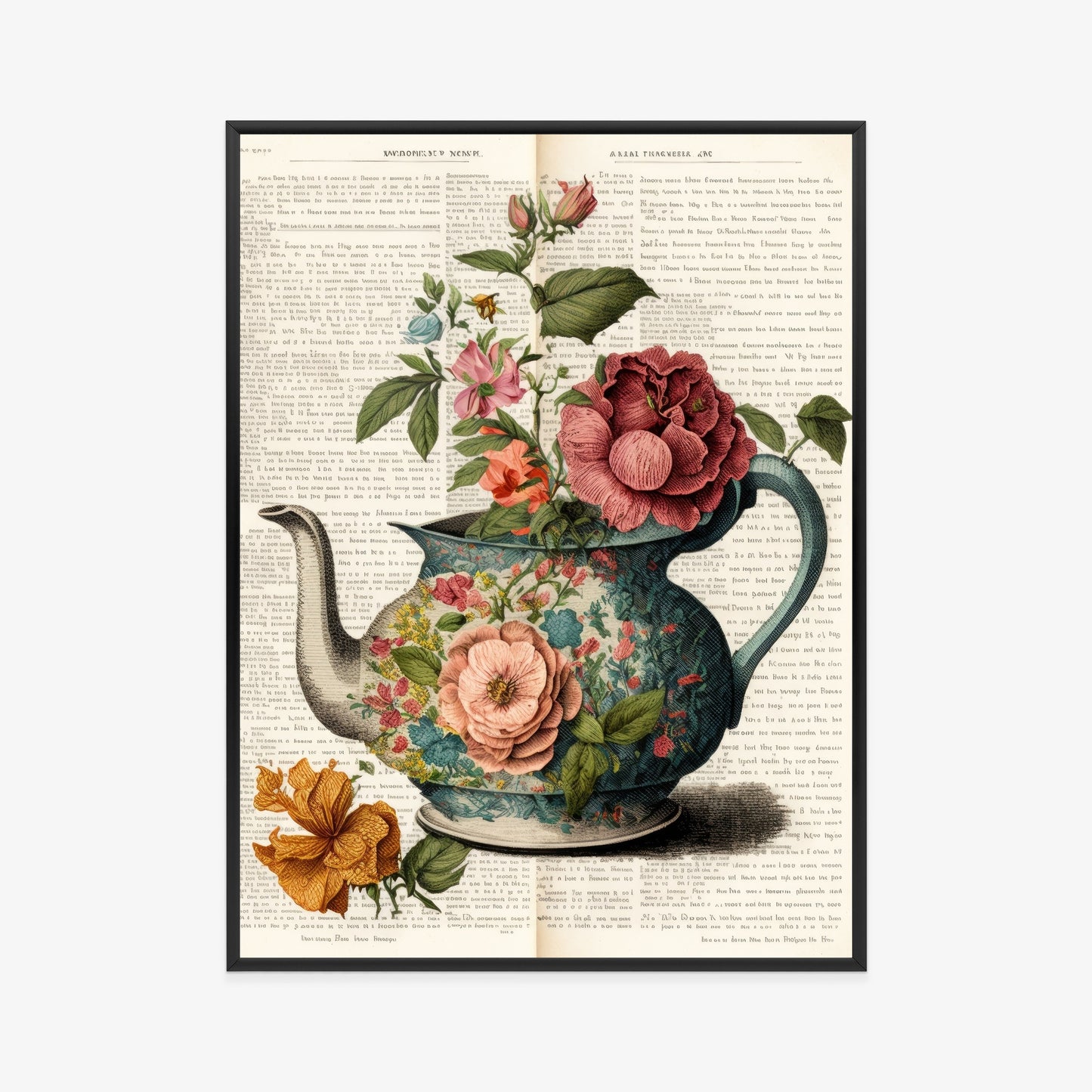 Poster Wasserkocher Mit Blumen Und Alter Zeitung Rahmen Holz Mit Passepartout Farbe Natürlich