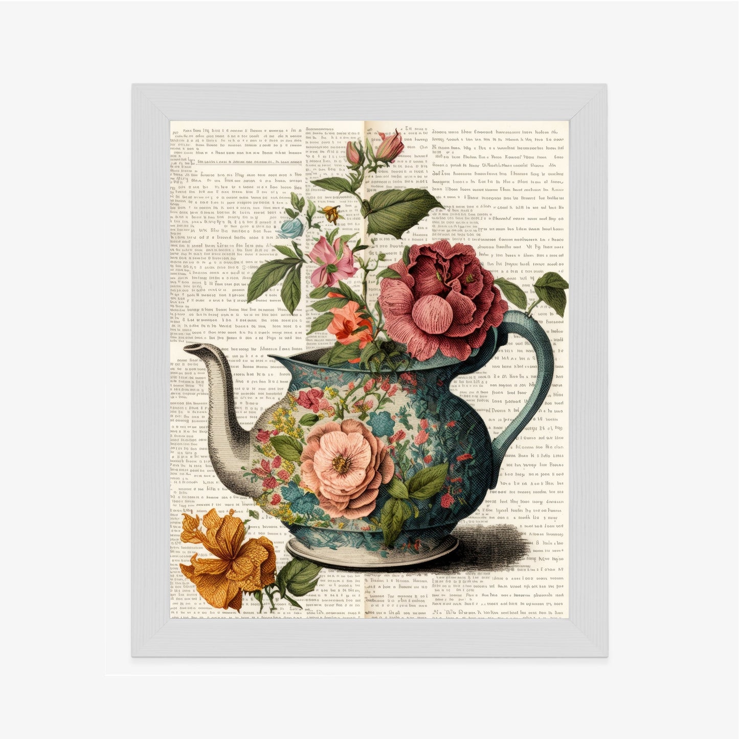 Poster Wasserkocher Mit Blumen Und Alter Zeitung Rahmen Holz Mit Passepartout Farbe Natürlich