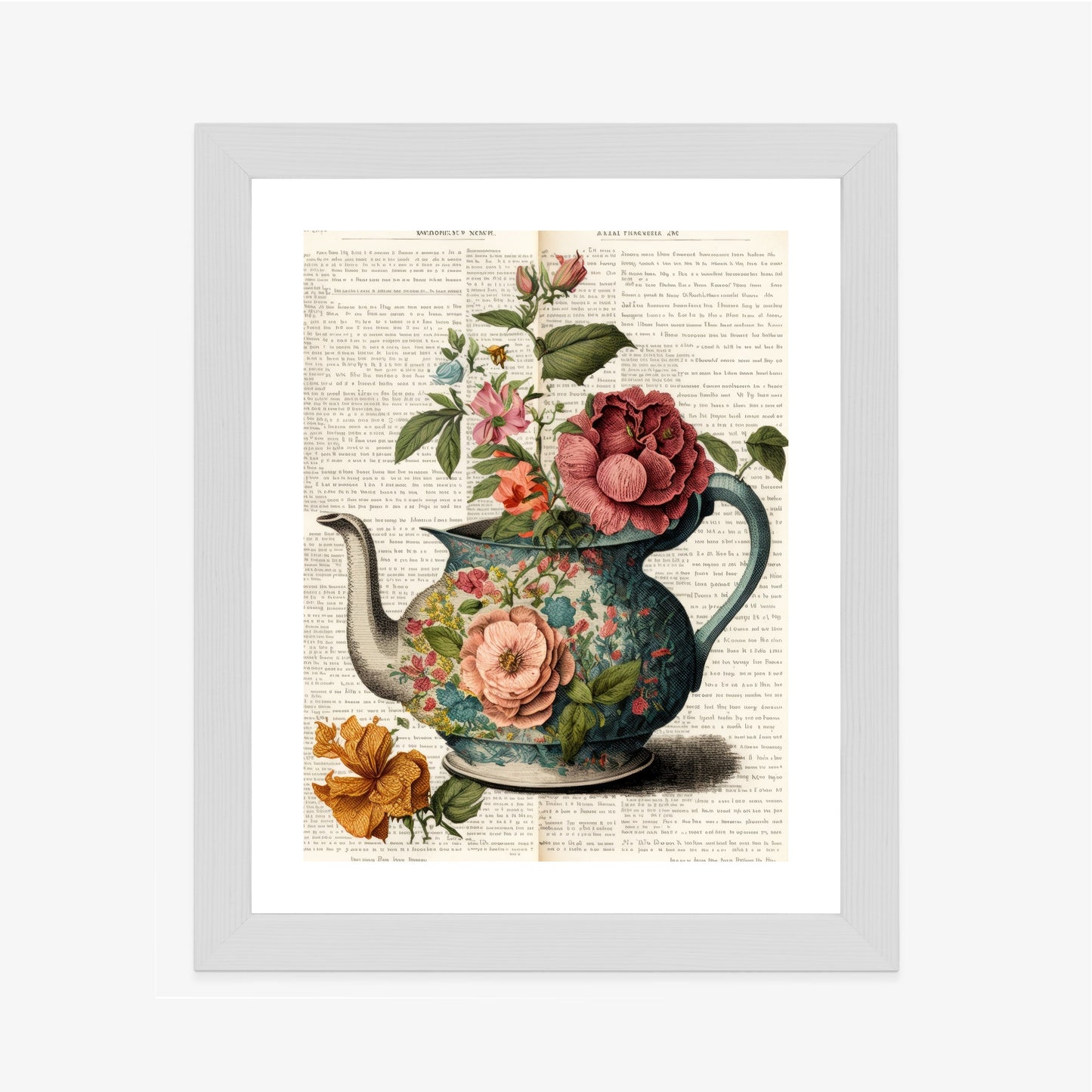 Poster Wasserkocher Mit Blumen Und Alter Zeitung Rahmen Holz Mit Passepartout Farbe Natürlich