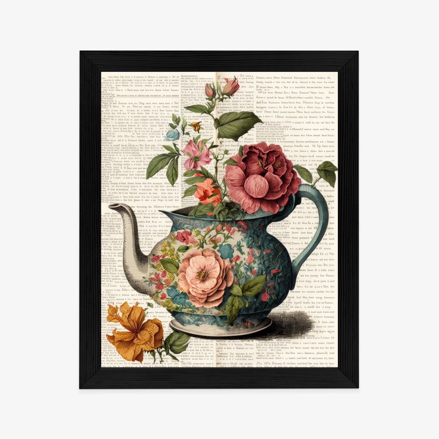 Poster Wasserkocher Mit Blumen Und Alter Zeitung Rahmen Holz Mit Passepartout Farbe Natürlich