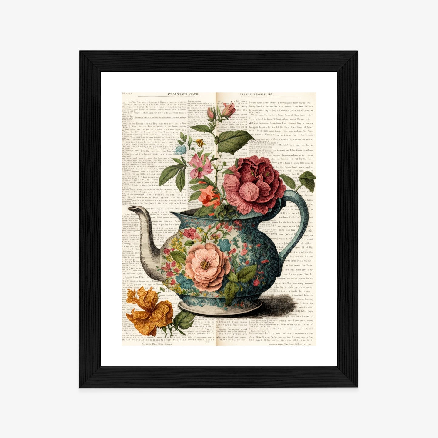 Poster Wasserkocher Mit Blumen Und Alter Zeitung Rahmen Holz Mit Passepartout Farbe Natürlich