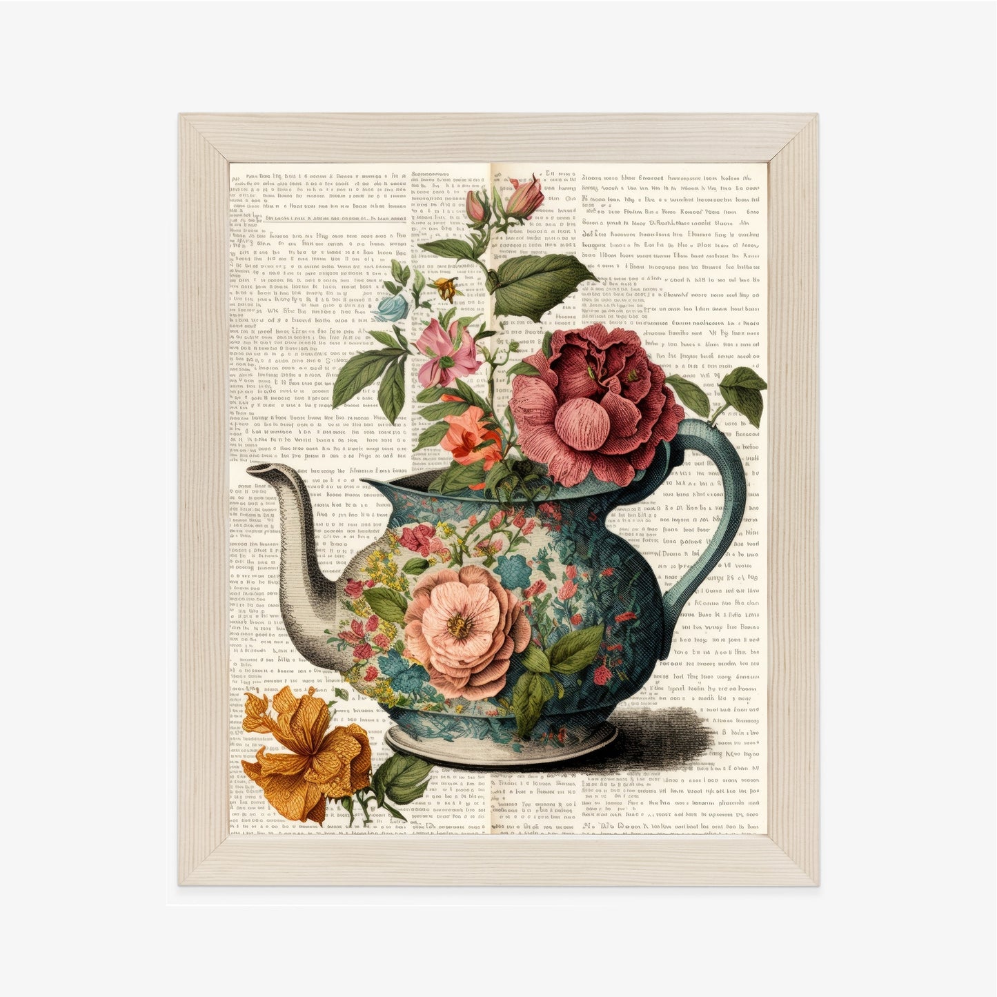 Poster Wasserkocher Mit Blumen Und Alter Zeitung Rahmen Holz Mit Passepartout Farbe Natürlich