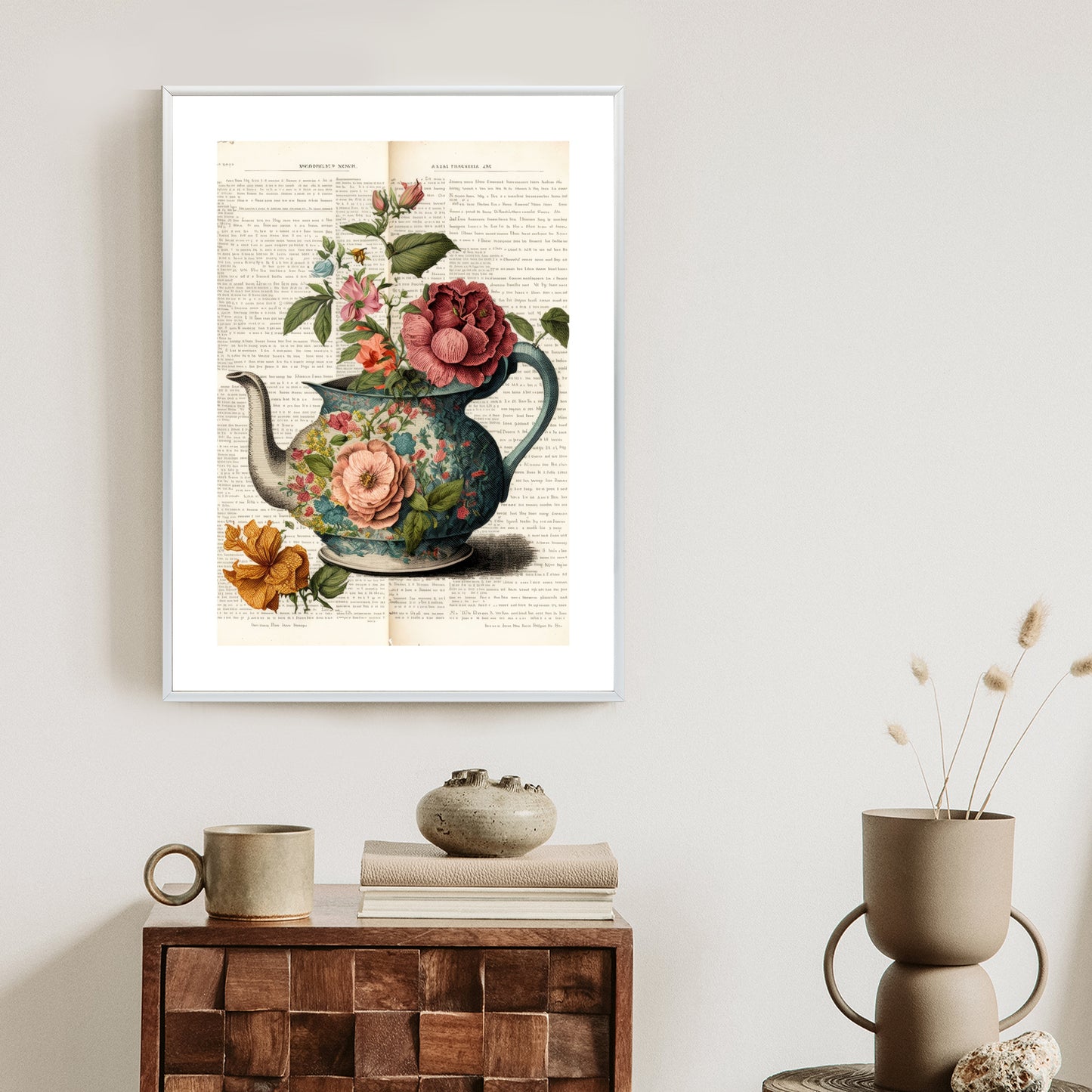 Poster Wasserkocher Mit Blumen Und Alter Zeitung Rahmen Holz Mit Passepartout Farbe Natürlich