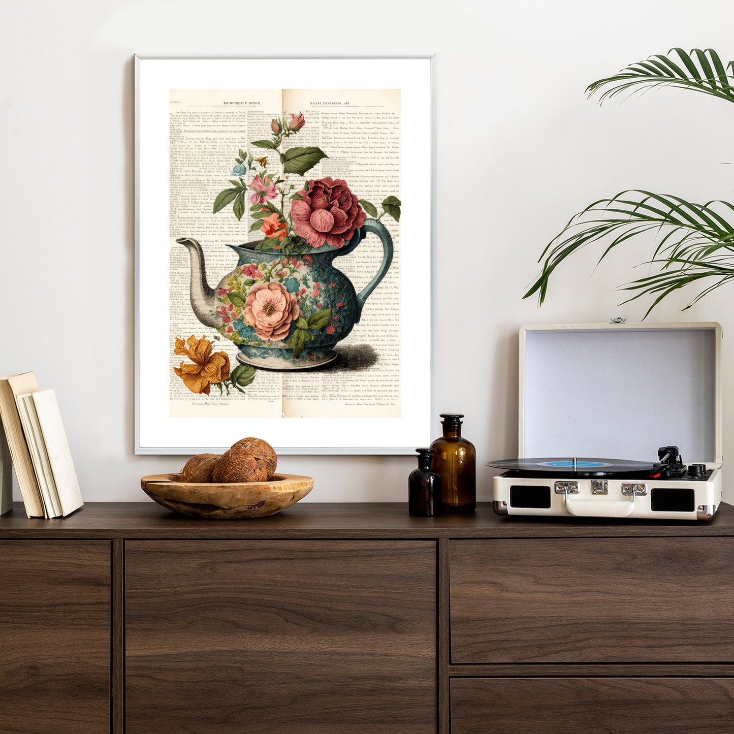 Poster Wasserkocher Mit Blumen Und Alter Zeitung Rahmen Holz Mit Passepartout Farbe Natürlich