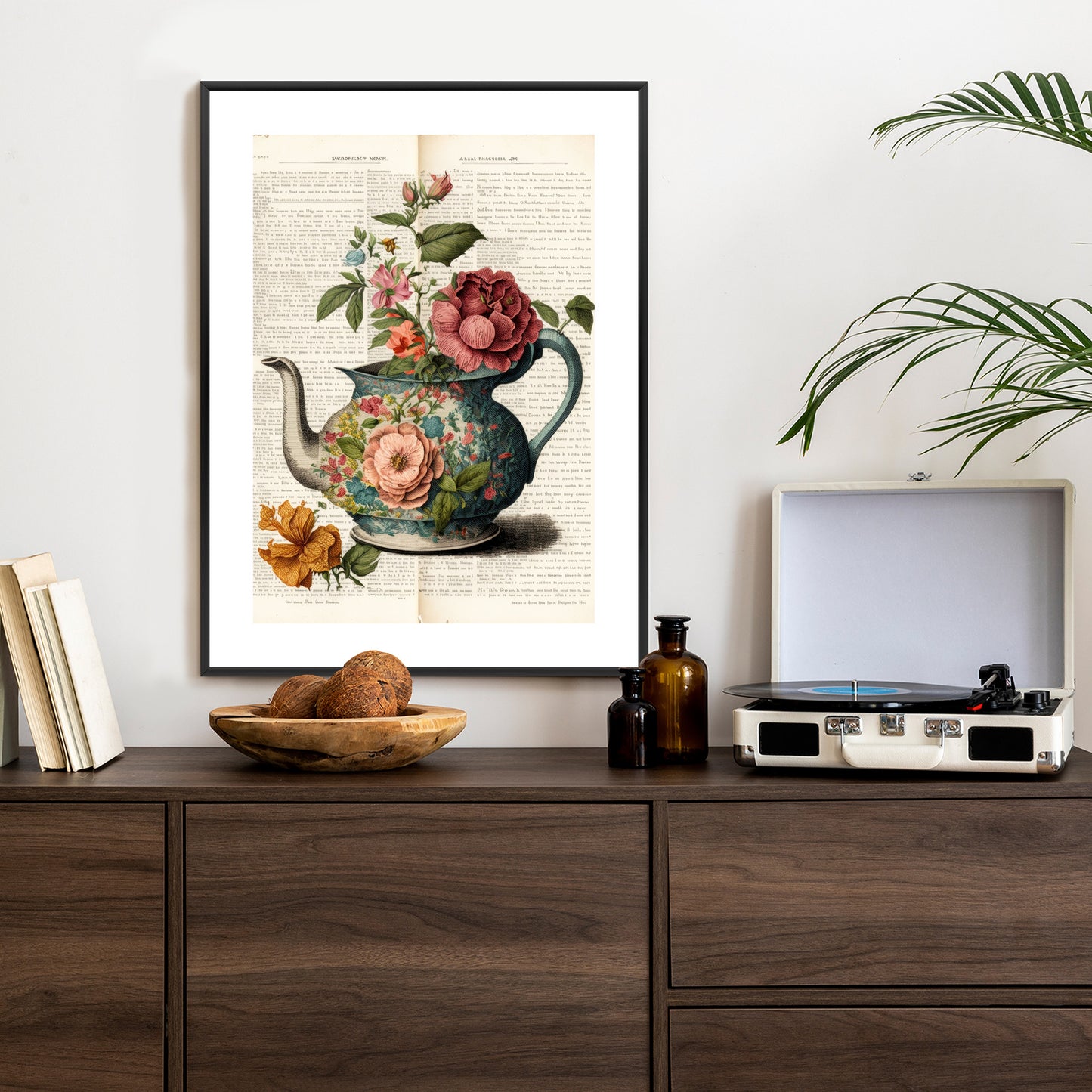 Poster Wasserkocher Mit Blumen Und Alter Zeitung Rahmen Holz Mit Passepartout Farbe Natürlich