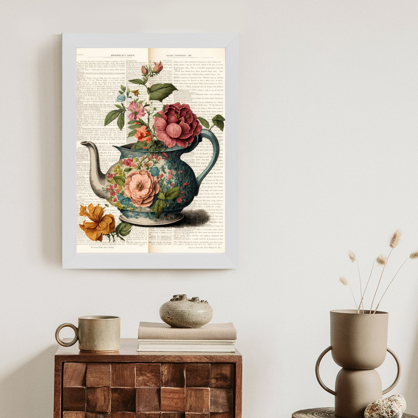Poster Wasserkocher Mit Blumen Und Alter Zeitung Rahmen Holz Mit Passepartout Farbe Natürlich