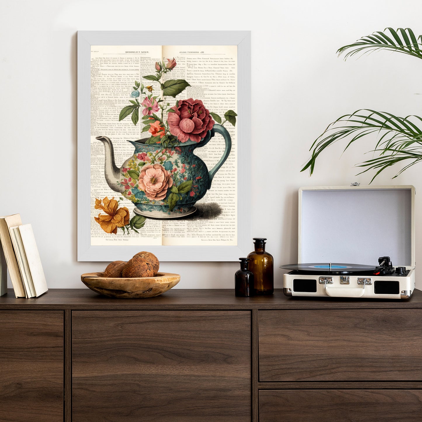Poster Wasserkocher Mit Blumen Und Alter Zeitung Rahmen Holz Mit Passepartout Farbe Natürlich