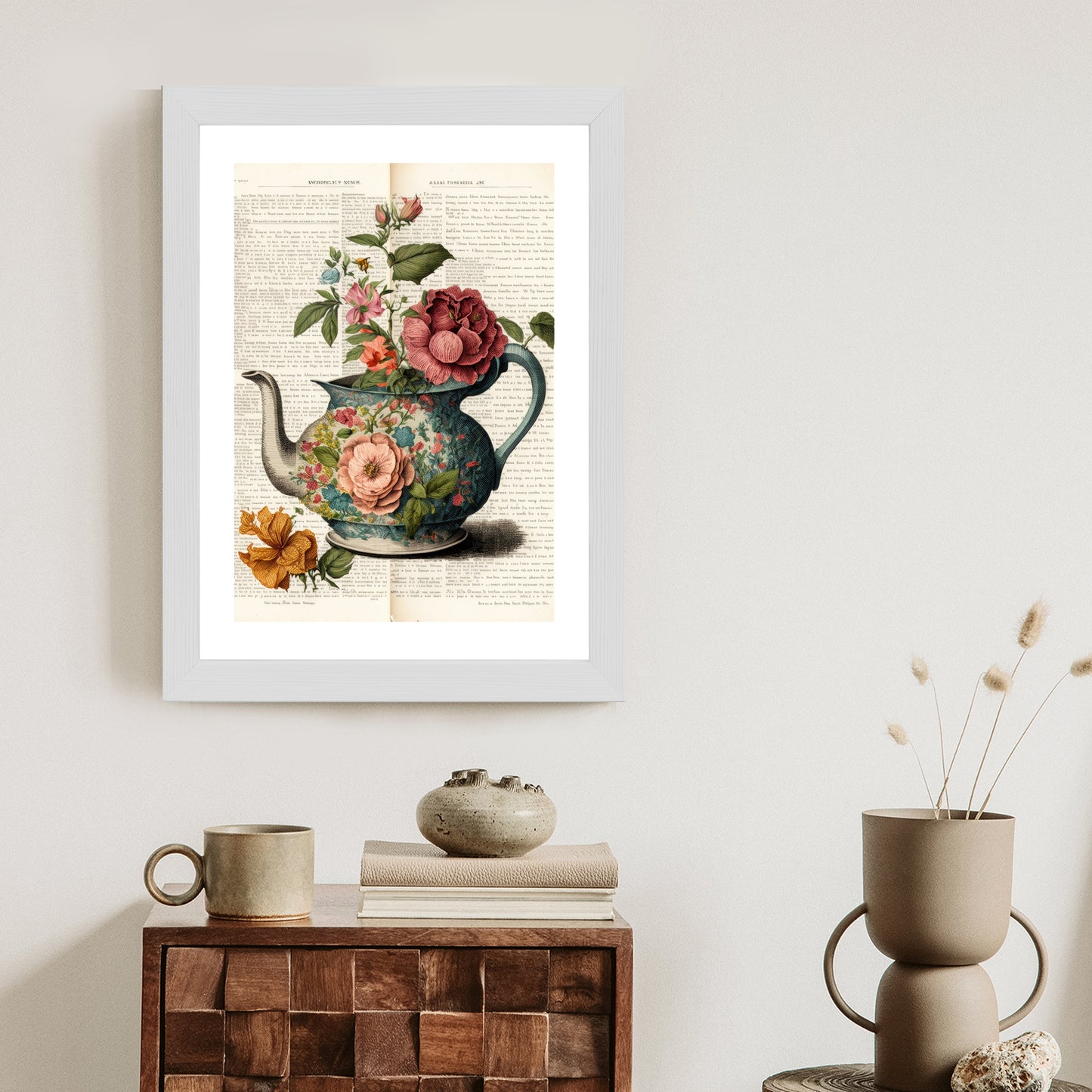 Poster Wasserkocher Mit Blumen Und Alter Zeitung Rahmen Holz Mit Passepartout Farbe Natürlich