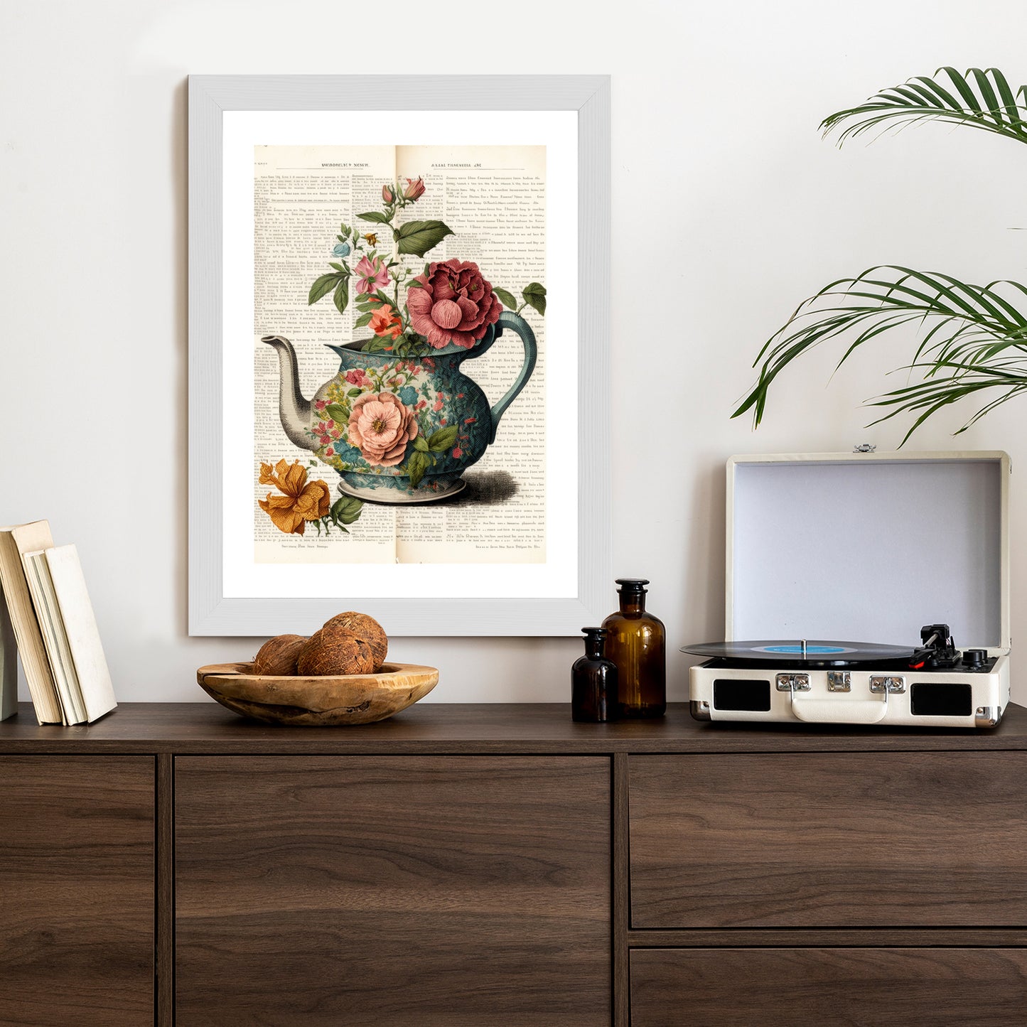 Poster Wasserkocher Mit Blumen Und Alter Zeitung Rahmen Holz Mit Passepartout Farbe Natürlich