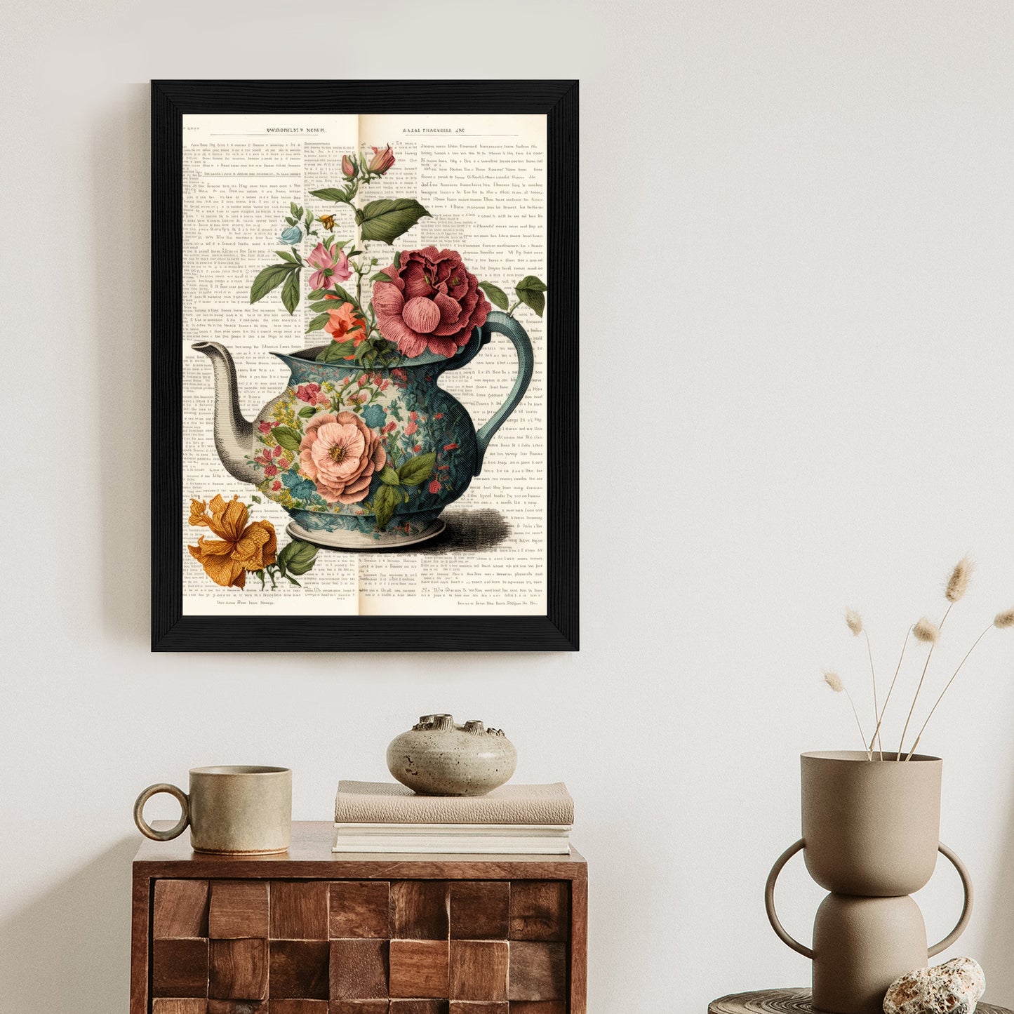 Poster Wasserkocher Mit Blumen Und Alter Zeitung Rahmen Holz Mit Passepartout Farbe Natürlich