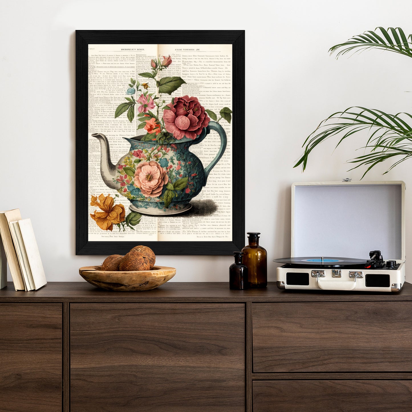 Poster Wasserkocher Mit Blumen Und Alter Zeitung Rahmen Holz Mit Passepartout Farbe Natürlich