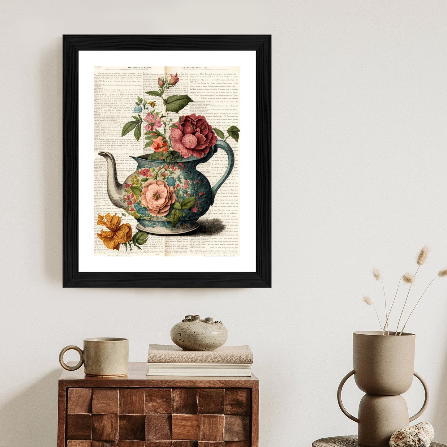 Poster Wasserkocher Mit Blumen Und Alter Zeitung Rahmen Holz Mit Passepartout Farbe Natürlich