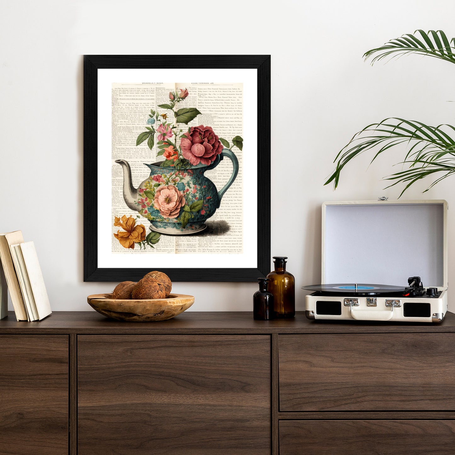 Poster Wasserkocher Mit Blumen Und Alter Zeitung Rahmen Holz Mit Passepartout Farbe Natürlich