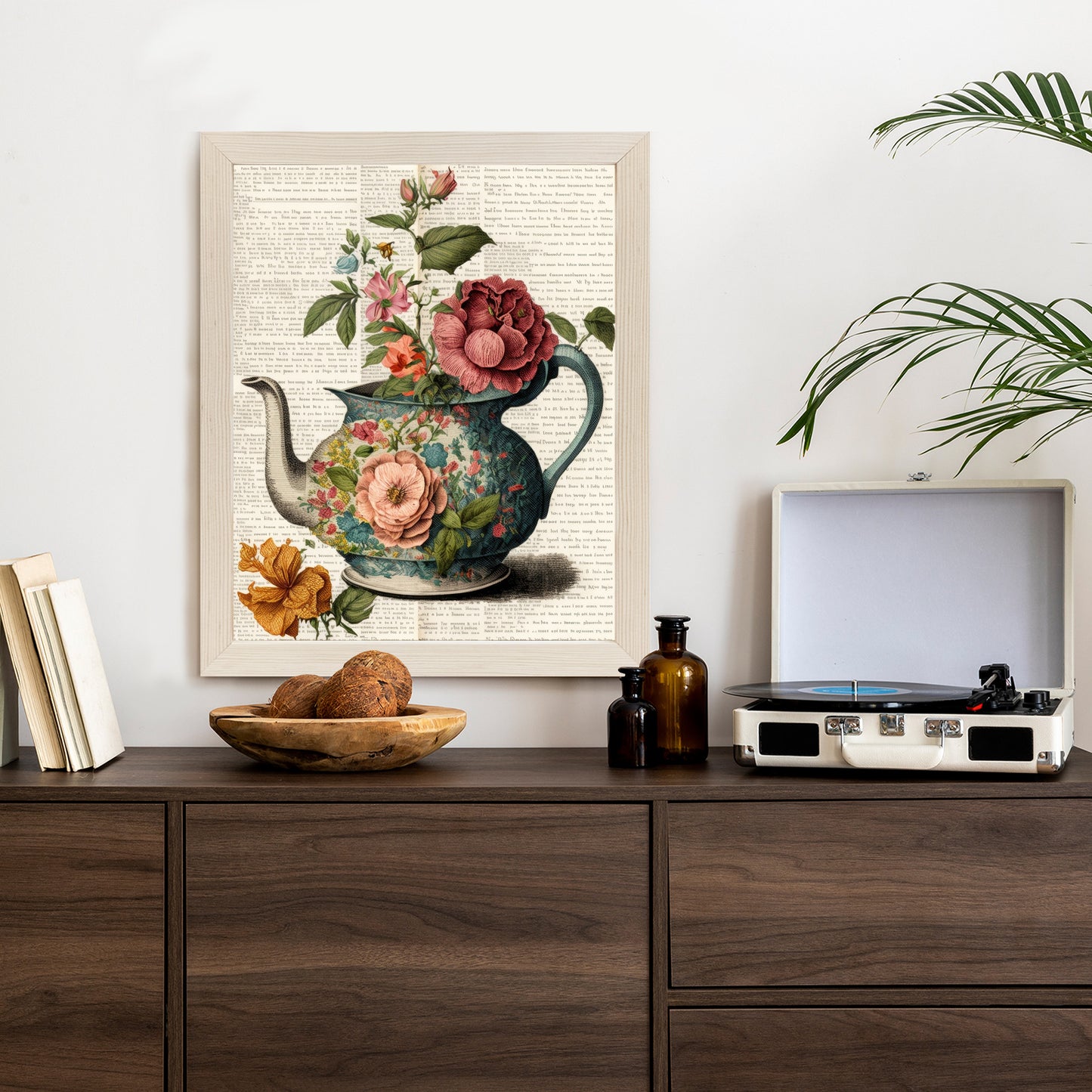 Poster Wasserkocher Mit Blumen Und Alter Zeitung Rahmen Holz Mit Passepartout Farbe Natürlich