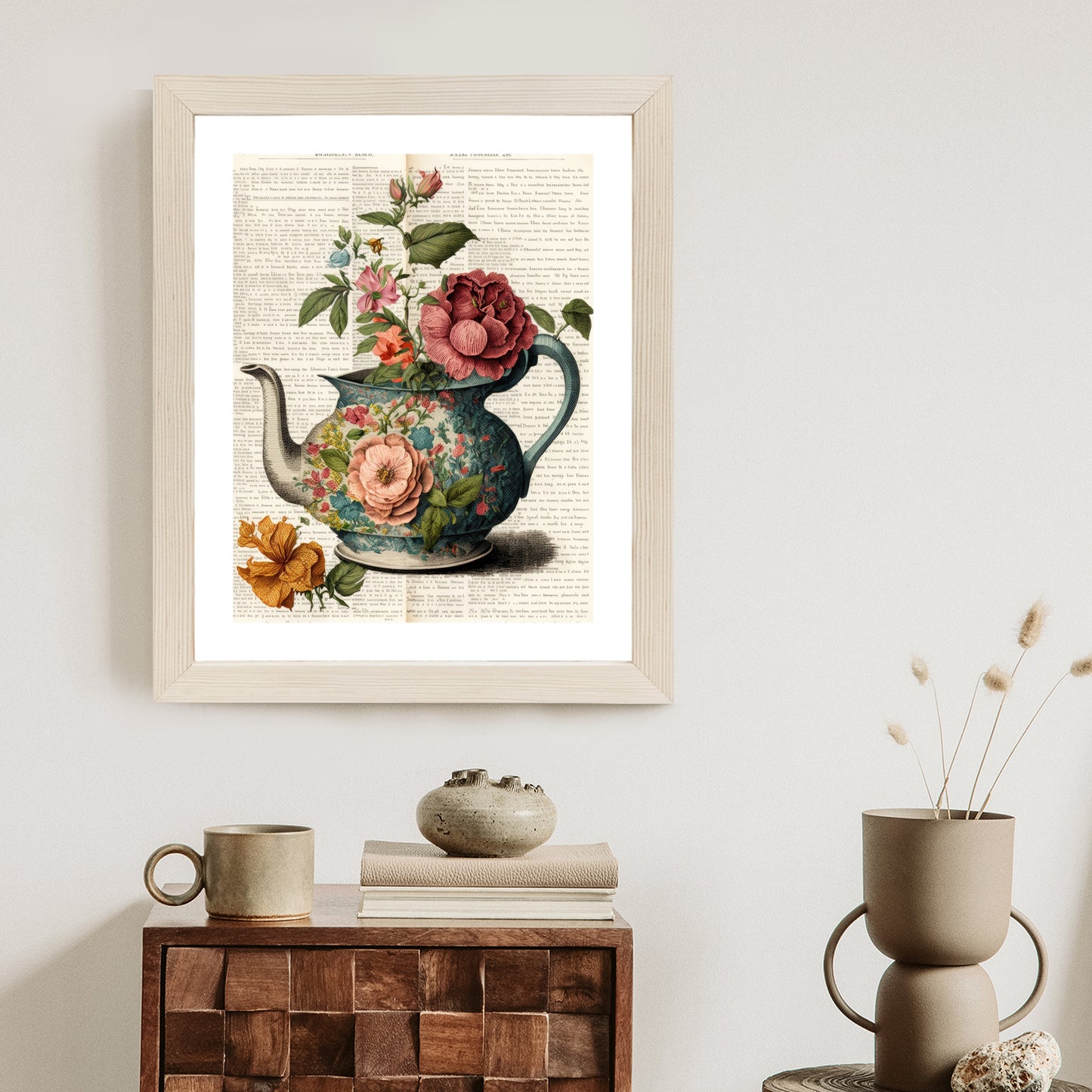 Poster Wasserkocher Mit Blumen Und Alter Zeitung Rahmen Holz Mit Passepartout Farbe Natürlich
