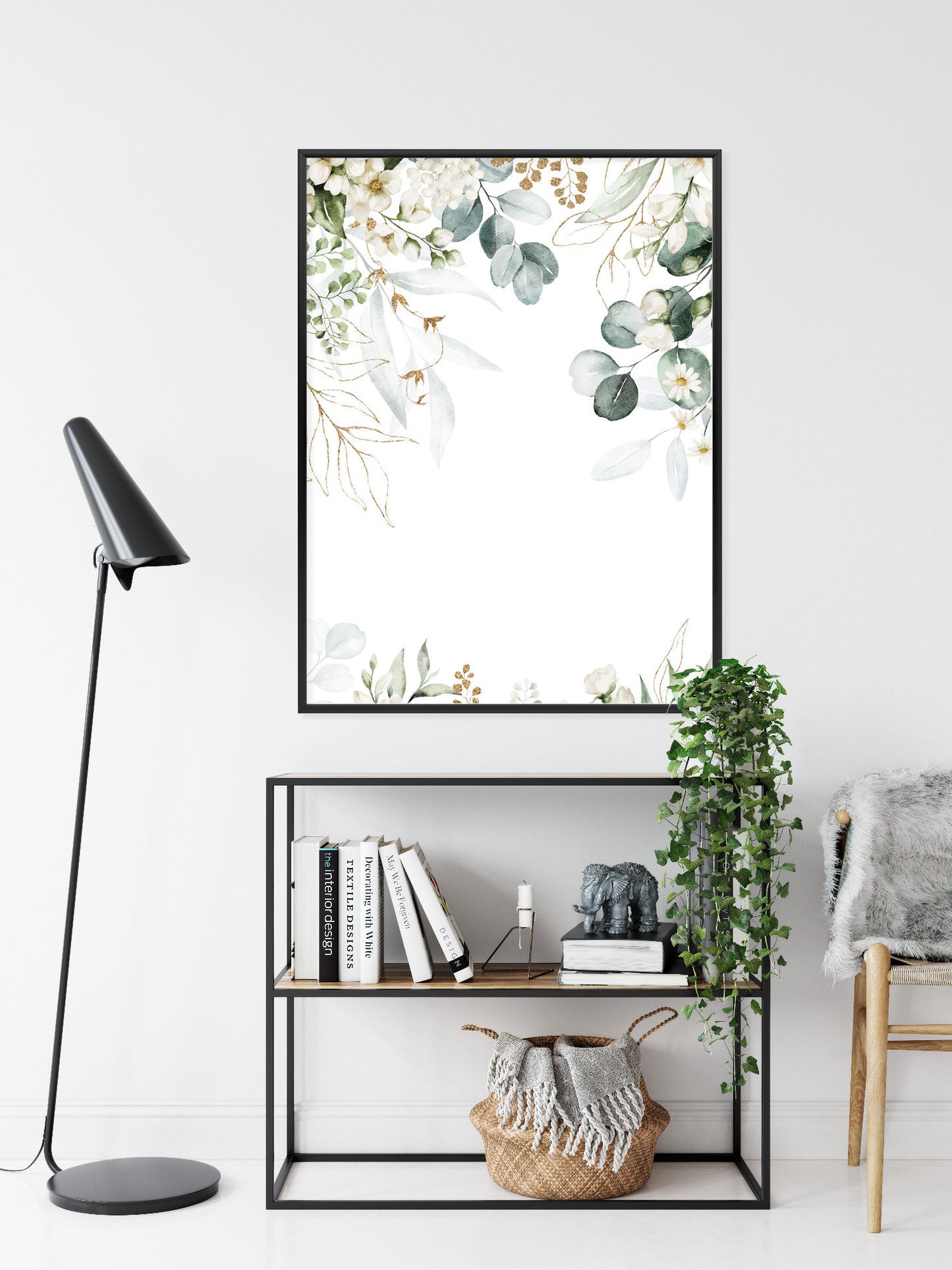 Poster Aquarell Aus Eukalyptusblättern Und Weißen Blüten Rahmen Holz Mit Passepartout Farbe Natürlich