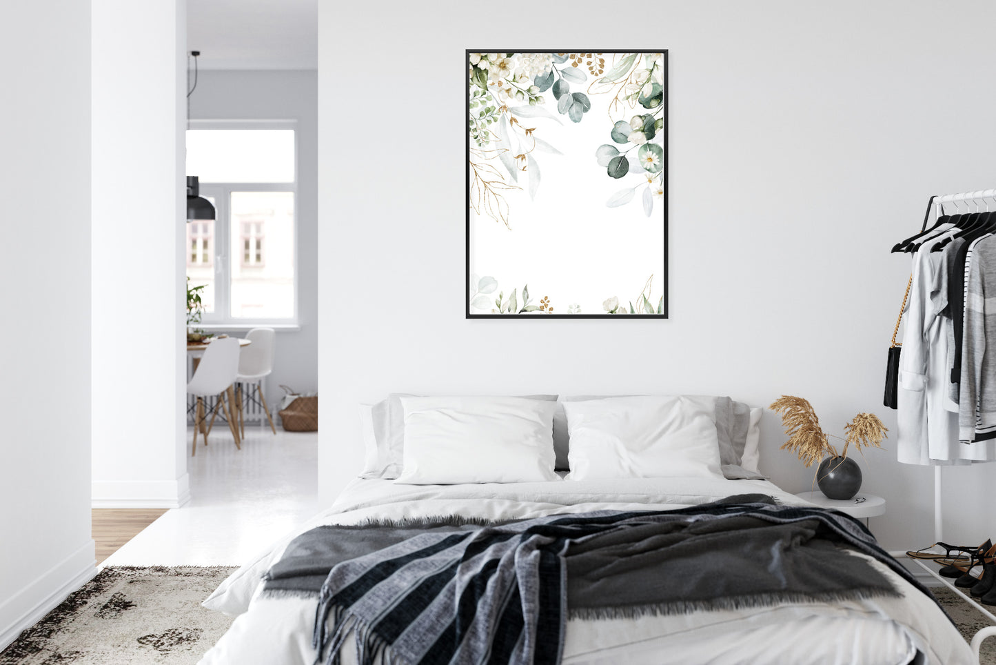 Poster Aquarell Aus Eukalyptusblättern Und Weißen Blüten Rahmen Holz Mit Passepartout Farbe Natürlich