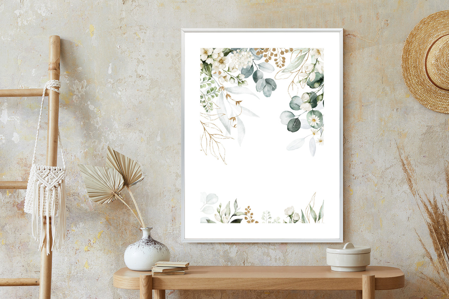 Poster Aquarell Aus Eukalyptusblättern Und Weißen Blüten Rahmen Holz Mit Passepartout Farbe Natürlich