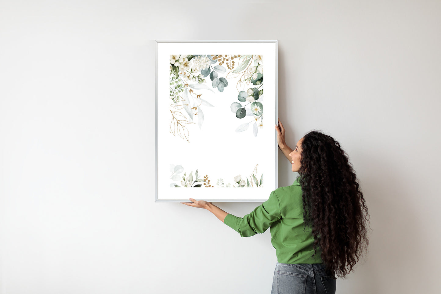 Poster Aquarell Aus Eukalyptusblättern Und Weißen Blüten Rahmen Holz Mit Passepartout Farbe Natürlich
