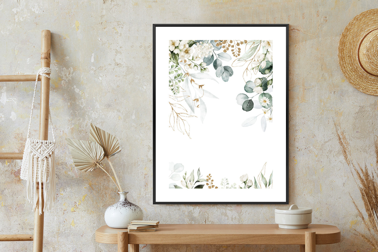 Poster Aquarell Aus Eukalyptusblättern Und Weißen Blüten Rahmen Holz Mit Passepartout Farbe Natürlich