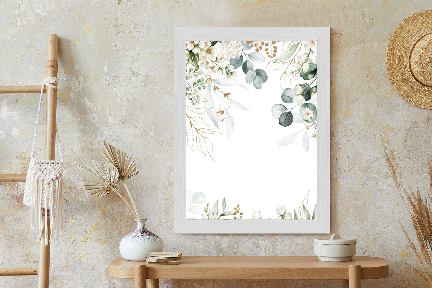 Poster Aquarell Aus Eukalyptusblättern Und Weißen Blüten Rahmen Holz Mit Passepartout Farbe Natürlich