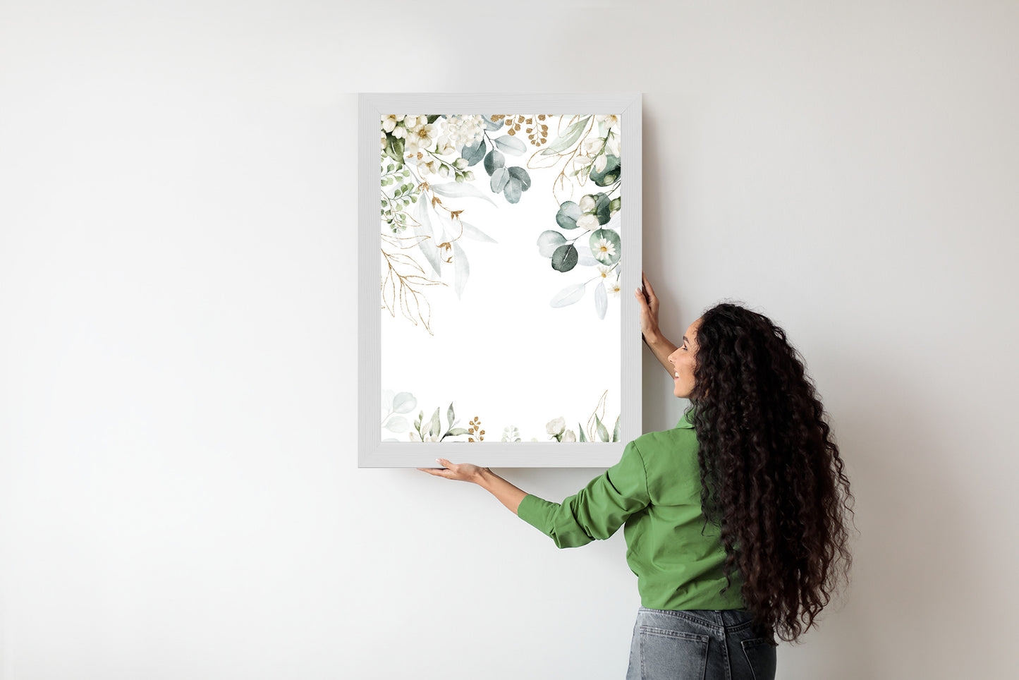 Poster Aquarell Aus Eukalyptusblättern Und Weißen Blüten Rahmen Holz Mit Passepartout Farbe Natürlich