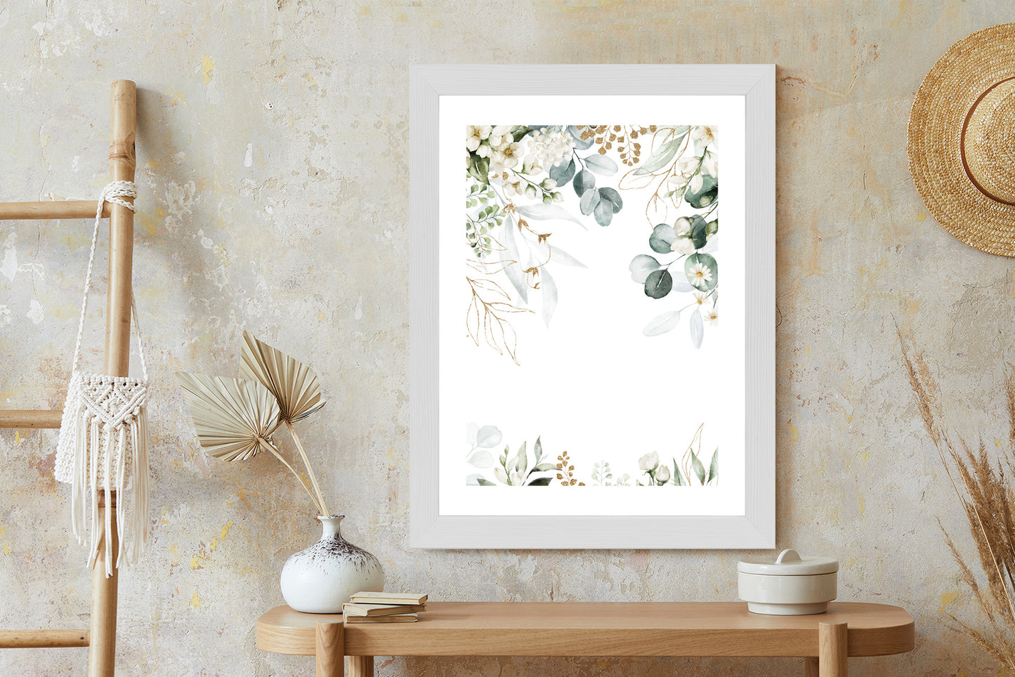 Poster Aquarell Aus Eukalyptusblättern Und Weißen Blüten Rahmen Holz Mit Passepartout Farbe Natürlich