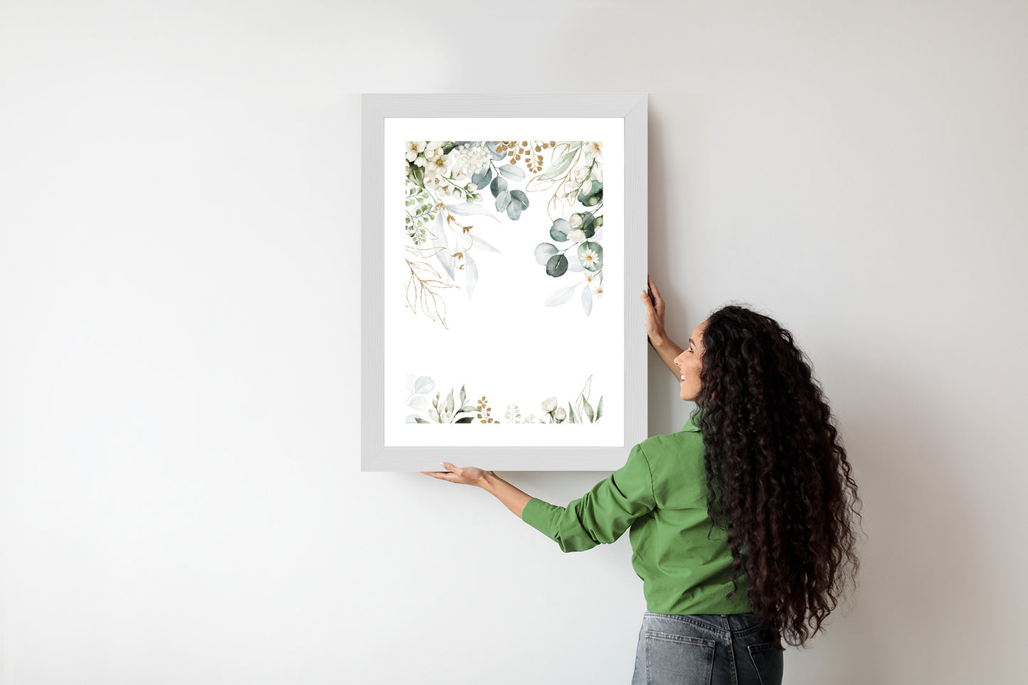 Poster Aquarell Aus Eukalyptusblättern Und Weißen Blüten Rahmen Holz Mit Passepartout Farbe Natürlich