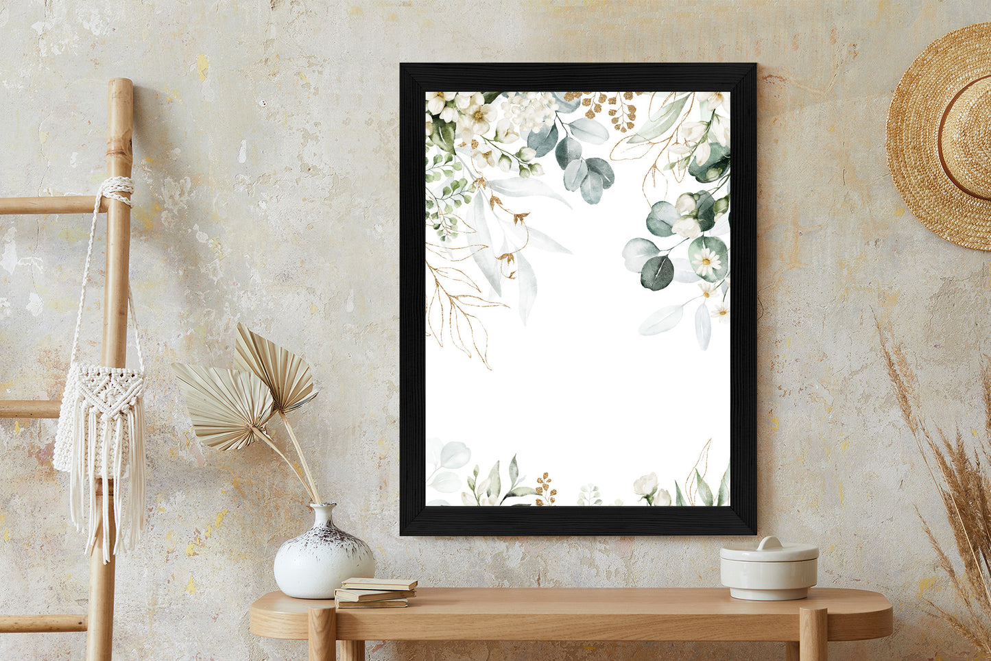 Poster Aquarell Aus Eukalyptusblättern Und Weißen Blüten Rahmen Holz Mit Passepartout Farbe Natürlich