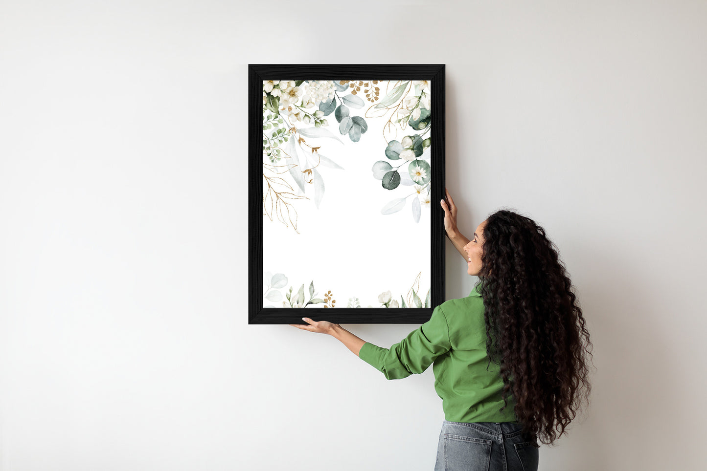 Poster Aquarell Aus Eukalyptusblättern Und Weißen Blüten Rahmen Holz Mit Passepartout Farbe Natürlich
