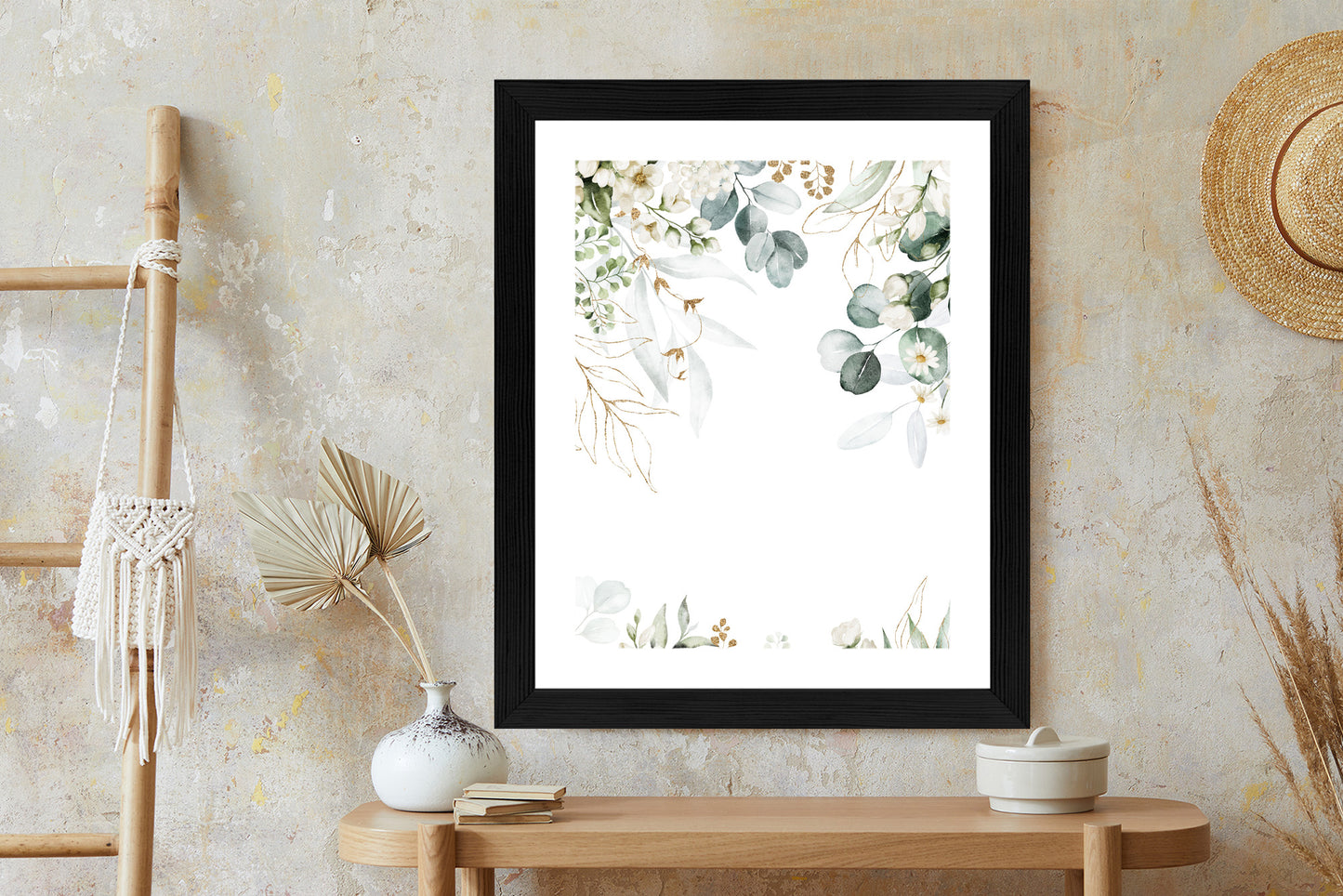 Poster Aquarell Aus Eukalyptusblättern Und Weißen Blüten Rahmen Holz Mit Passepartout Farbe Natürlich
