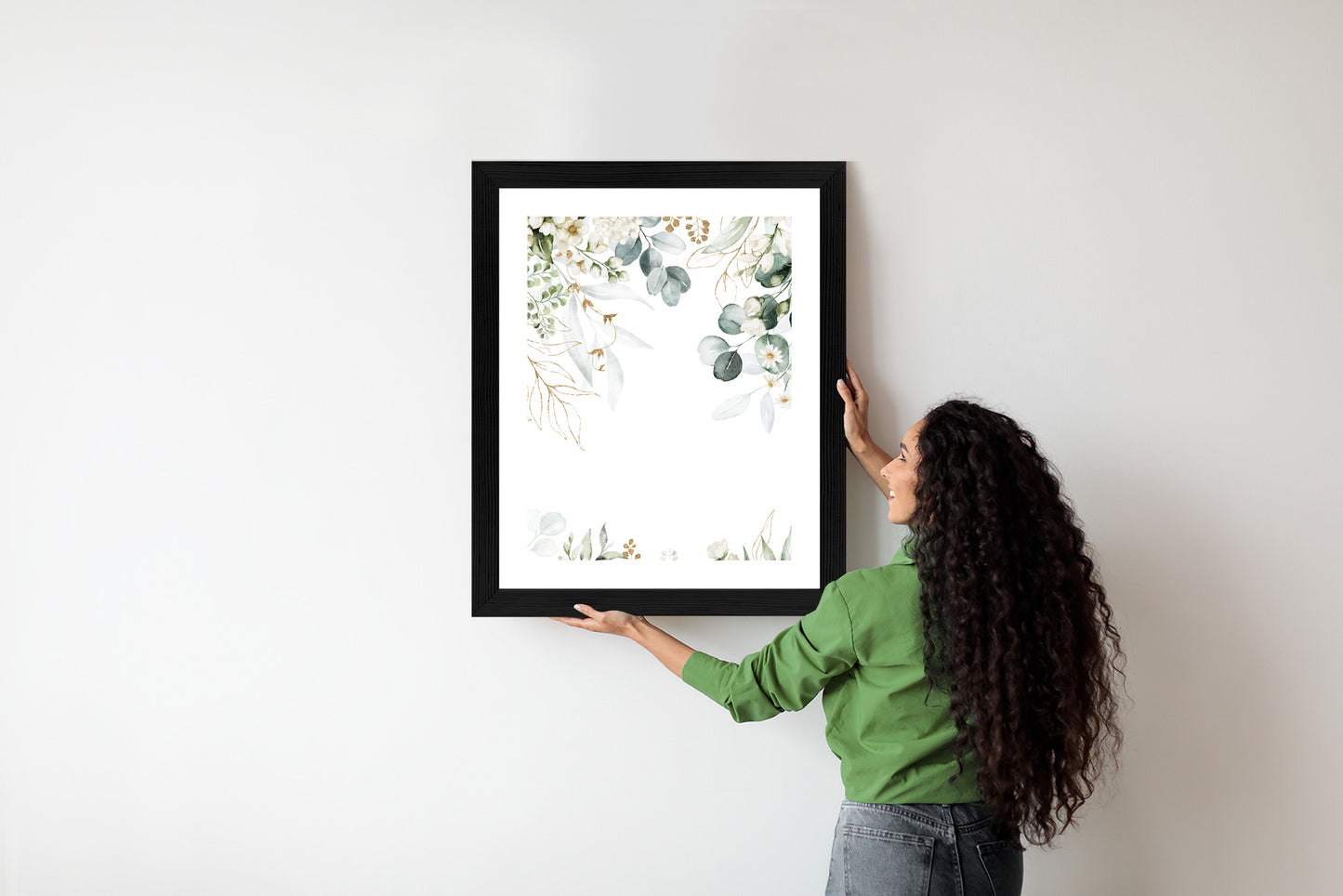 Poster Aquarell Aus Eukalyptusblättern Und Weißen Blüten Rahmen Holz Mit Passepartout Farbe Natürlich