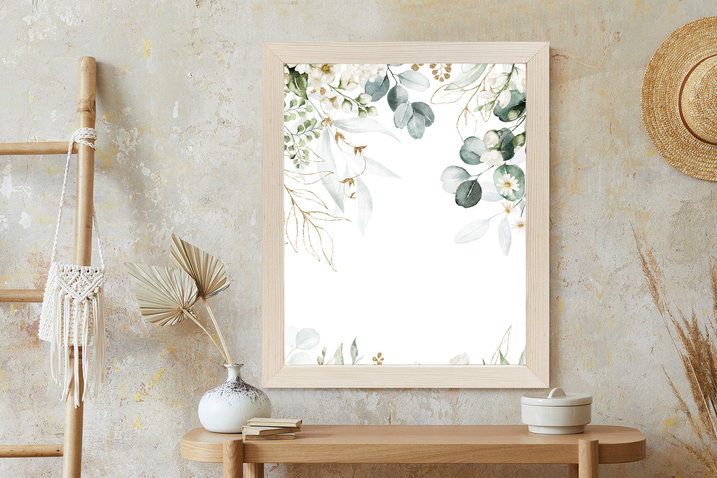 Poster Aquarell Aus Eukalyptusblättern Und Weißen Blüten Rahmen Holz Mit Passepartout Farbe Natürlich