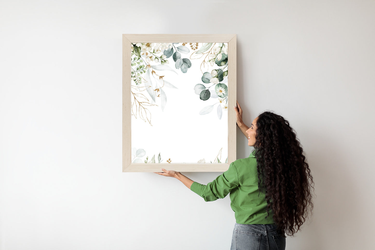Poster Aquarell Aus Eukalyptusblättern Und Weißen Blüten Rahmen Holz Mit Passepartout Farbe Natürlich