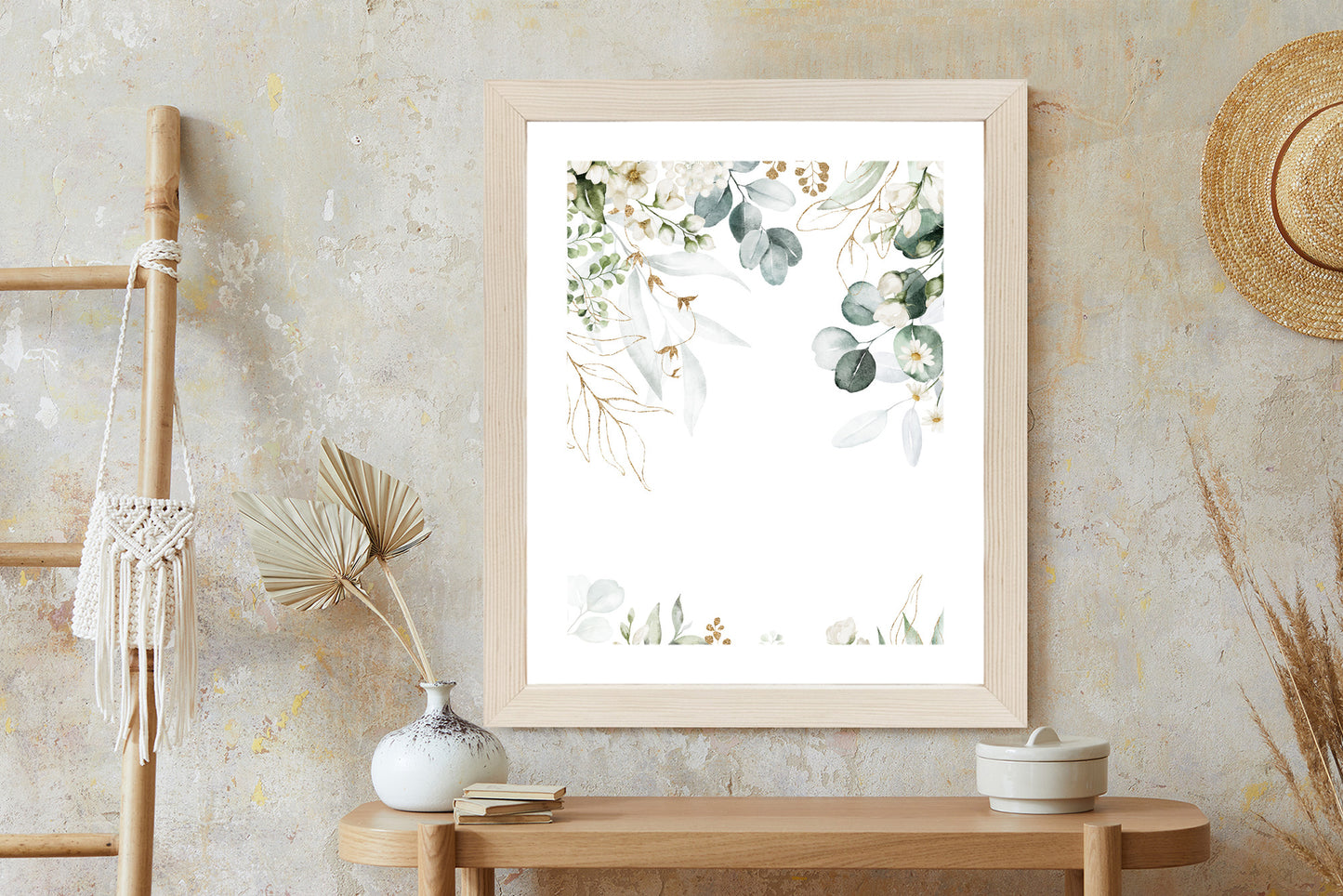 Poster Aquarell Aus Eukalyptusblättern Und Weißen Blüten Rahmen Holz Mit Passepartout Farbe Natürlich