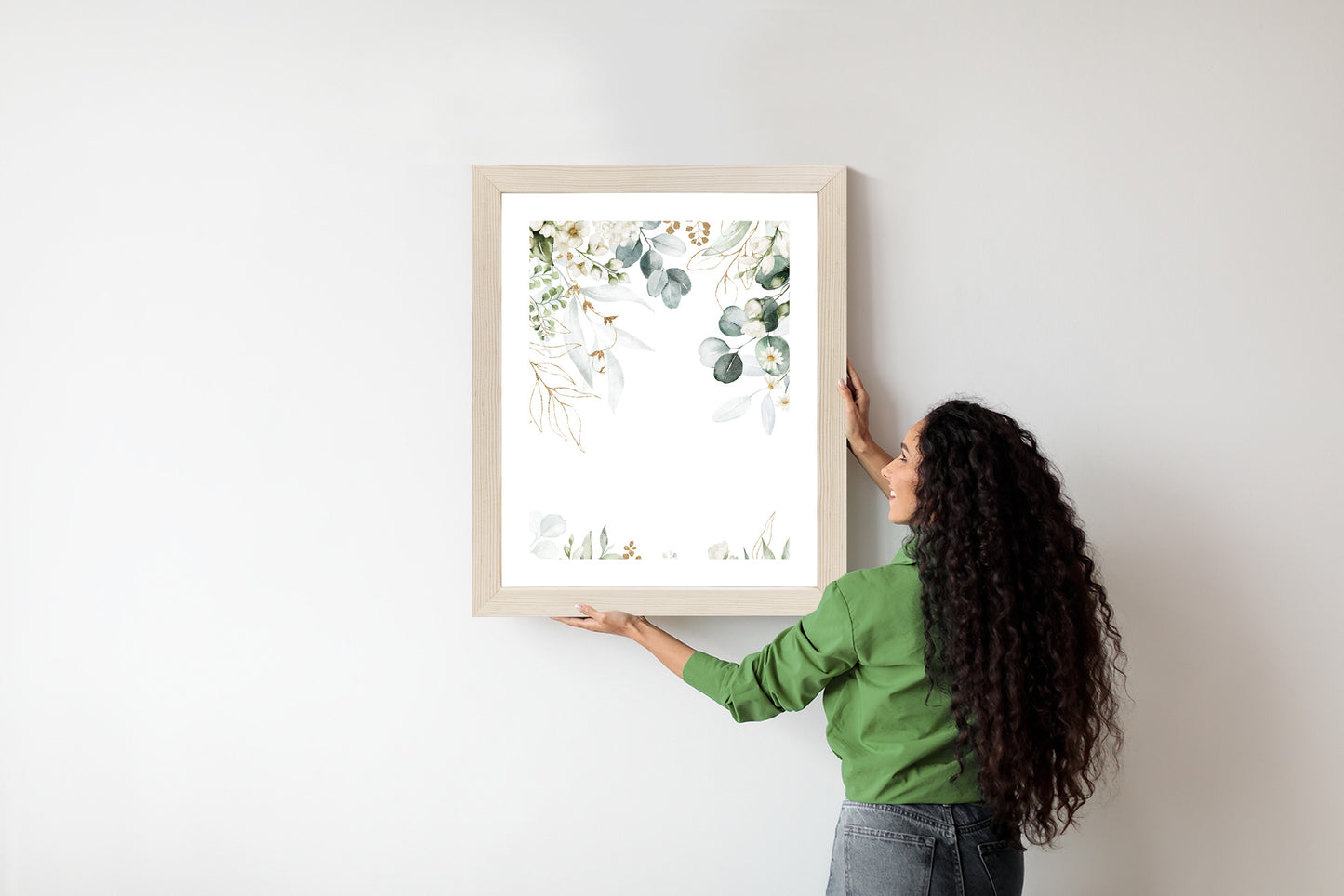 Poster Aquarell Aus Eukalyptusblättern Und Weißen Blüten Rahmen Holz Mit Passepartout Farbe Natürlich