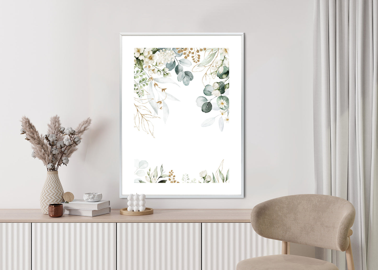Poster Aquarell Aus Eukalyptusblättern Und Weißen Blüten Rahmen Holz Mit Passepartout Farbe Natürlich