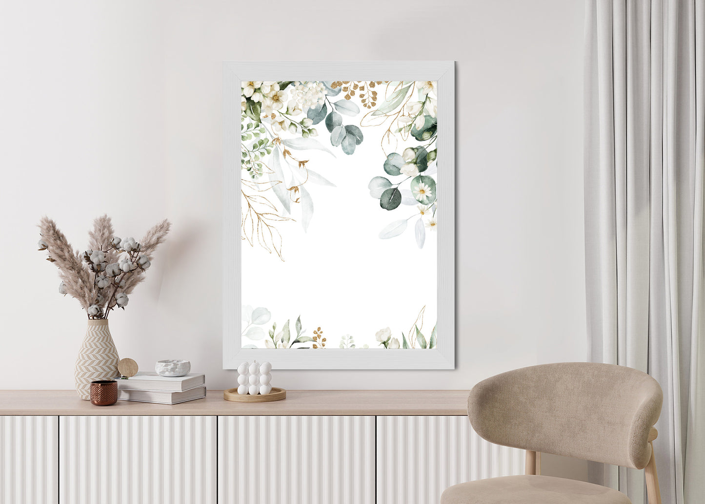Poster Aquarell Aus Eukalyptusblättern Und Weißen Blüten Rahmen Holz Mit Passepartout Farbe Natürlich