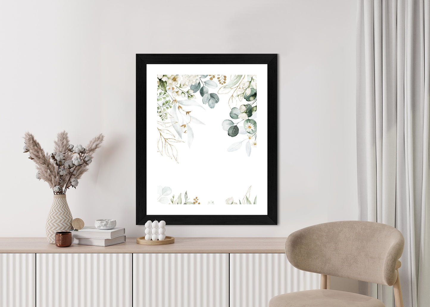 Poster Aquarell Aus Eukalyptusblättern Und Weißen Blüten Rahmen Holz Mit Passepartout Farbe Natürlich
