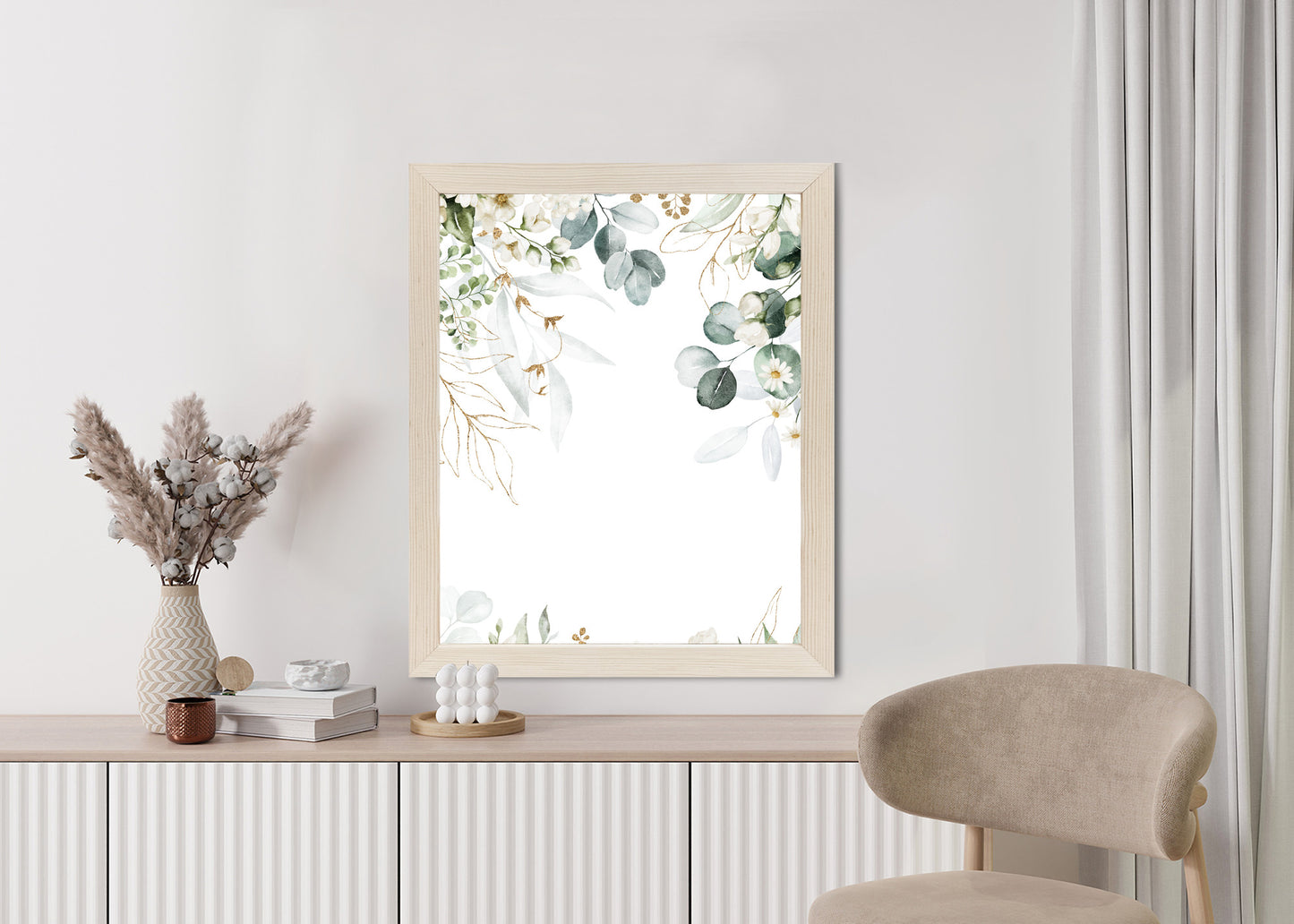 Poster Aquarell Aus Eukalyptusblättern Und Weißen Blüten Rahmen Holz Mit Passepartout Farbe Natürlich
